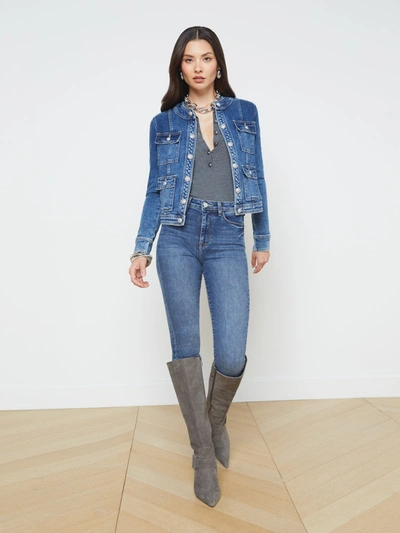 L Agence Yari Faded Collarless Denim Jacket In Rhodes
