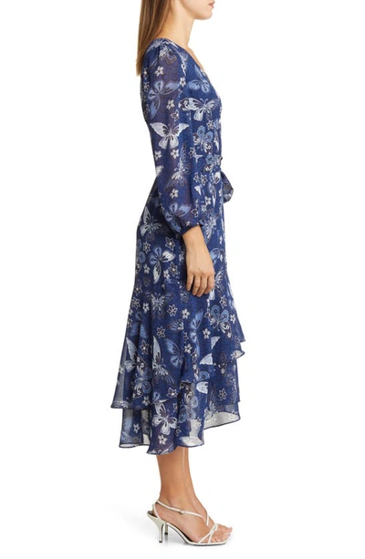 Shop Eliza J Floral Long Sleeve Faux Wrap Midi Dress In Navy