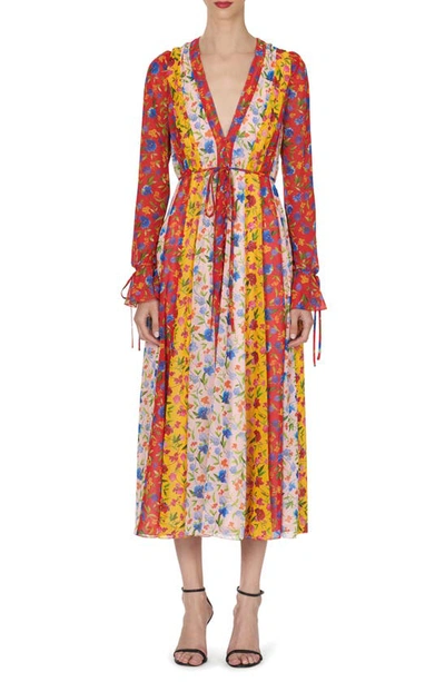 Shop Carolina Herrera Mixed Floral Stripe Long Sleeve Chiffon Midi Dress In Ivory Multi-color
