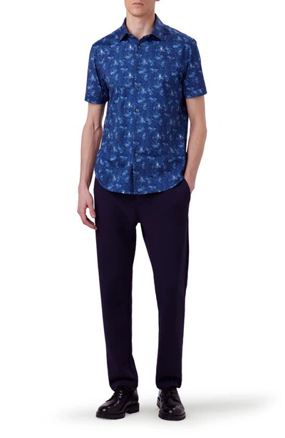 Shop Bugatchi Miles Ooohcotton® Leaf Print Short Sleeve Button-up Shirt In Night Blue