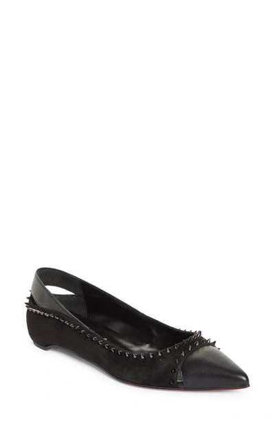 Shop Christian Louboutin Duvettina Spikes Pointed Toe Ballet Flat In B439 Black/ Lin Black