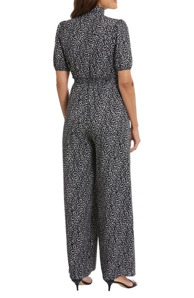 London Times Puff Sleeve Front Zip Jumpsuit In Black Ivy