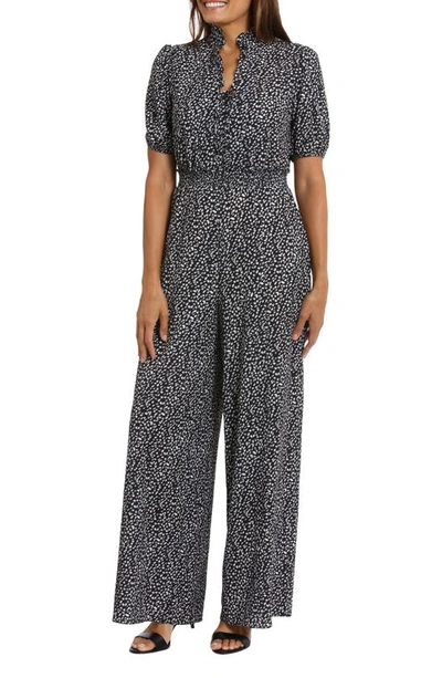 London Times Puff Sleeve Front Zip Jumpsuit In Black Ivy