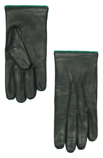 Shop Portolano Perforated Leather Gloves In Black/ Moss