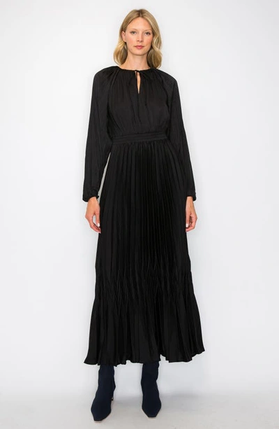 Shop Melloday Pleated Long Sleeve Satin Maxi Dress In Black