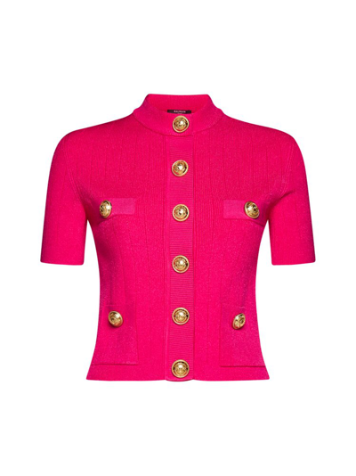 Shop Balmain Logo Button Knitted Sweater In Pink