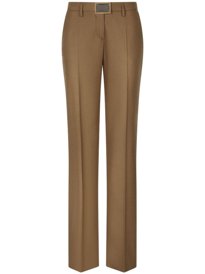 Shop Dolce & Gabbana Logo-plaque Straight-leg Trousers In Brown