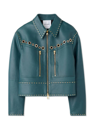 Shop St John Doubleface Leather Embellished Jacket In Prussian Blue