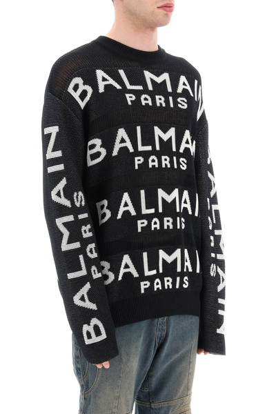 Shop Balmain Cotton Pullover With All-over Logo Men In Multicolor