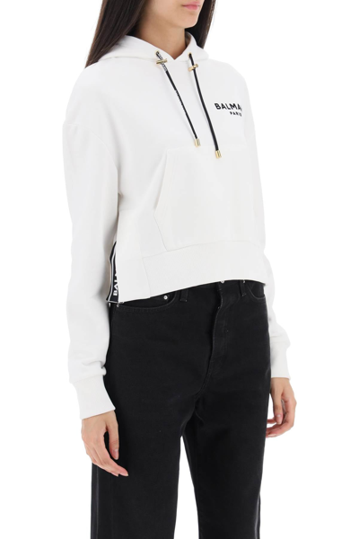 Shop Balmain Cropped Sweatshirt With Flocked Logo Print Women In White
