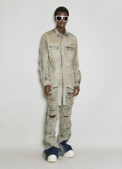 Shop Rick Owens Men Long Distressed Denim Jacket In Gray