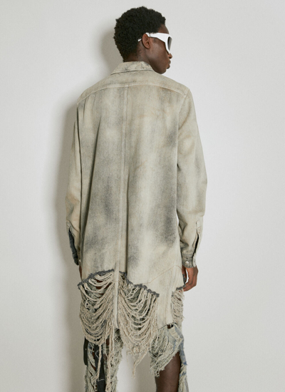 Shop Rick Owens Men Long Distressed Denim Jacket In Gray