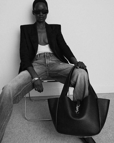 Shop Saint Laurent Women Bea Leather Shoulder Bag In Black