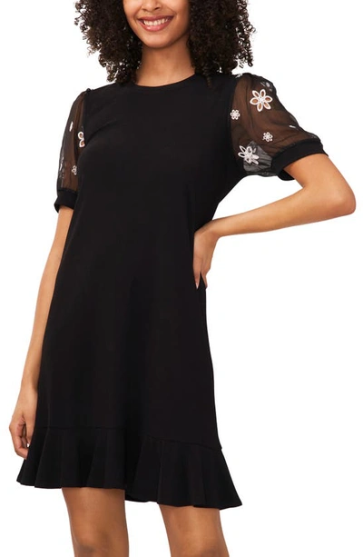 Cece Floral Eyelet Puff Sleeve Minidress In Rich Black