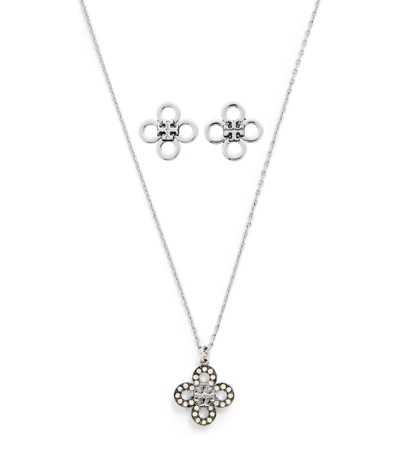 Shop Tory Burch Kira Clover Necklace And Earrings Set In Silver