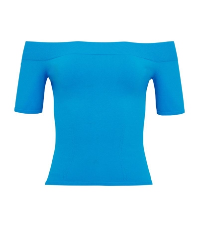 Shop Alexander Mcqueen Knitted Off-the-shoulder Top In Blue