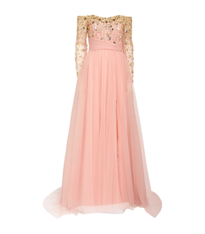 Shop Pamella Roland Tulle Off-the-shoulder Gown In Pink