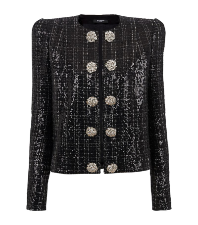 Shop Balmain Tweed Sequin-embellished Jacket In Pa Black
