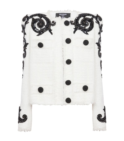 Shop Balmain Tweed Embroidered Jacket In White