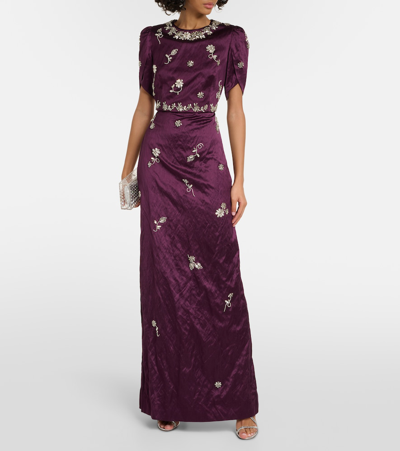 Shop Erdem Embellished Crinkled Satin Gown In Purple