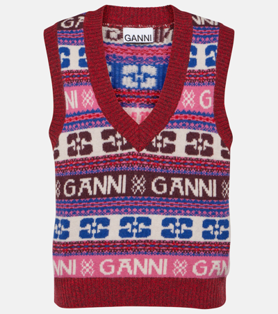 Shop Ganni Logo Jacquard Wool-blend Sweater Vest In Multicoloured