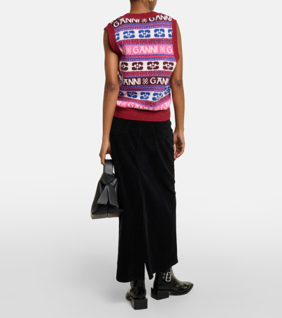 Shop Ganni Logo Jacquard Wool-blend Sweater Vest In Multicoloured