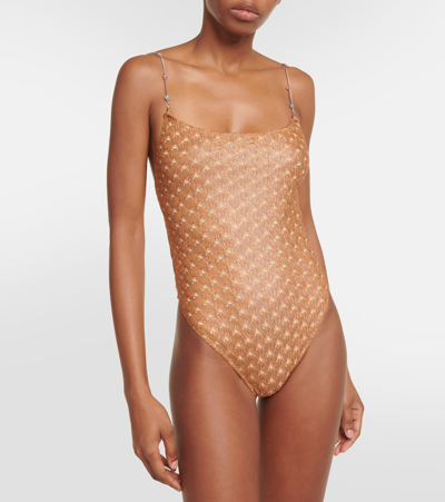 Shop Missoni Embellished Lamé Swimsuit In Brown