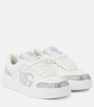 Shop Dolce & Gabbana New Roma Embellished Leather Sneakers In White