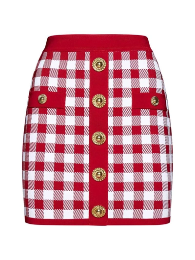 Balmain Vichy Buttoned Mini Skirt In Rouge/blanc