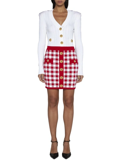 Balmain Vichy Buttoned Mini Skirt In Rouge/blanc