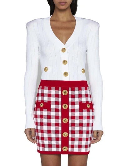 Balmain Vichy Buttoned Mini Skirt In Rouge/blanc