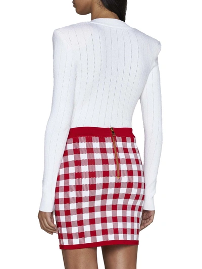 Balmain Vichy Buttoned Mini Skirt In Rouge/blanc