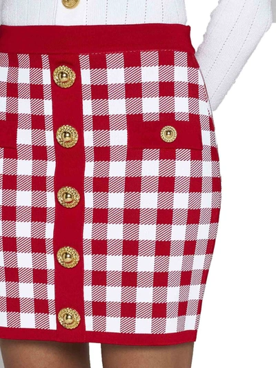 Balmain Vichy Buttoned Mini Skirt In Rouge/blanc