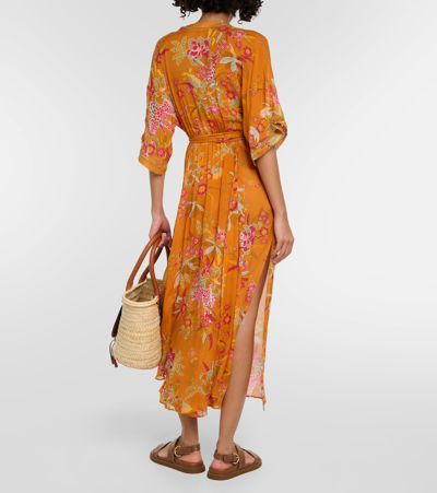 Shop Poupette St Barth Adha Floral Midi Dress In Orange