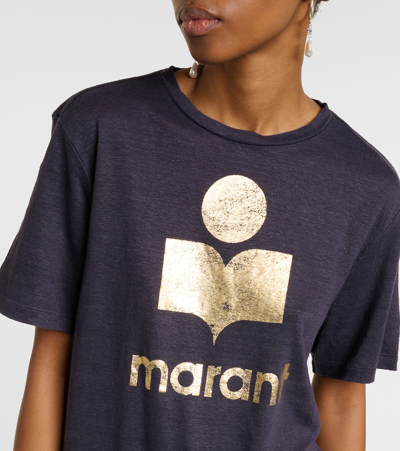 Isabel Marant Étoile Zewel Metallic Logo Slub Linen Graphic T-shirt In Blue