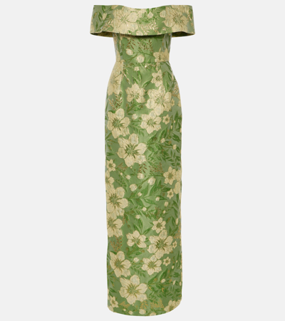 Shop Markarian Clover Off-shoulder Brocade Gown In Green
