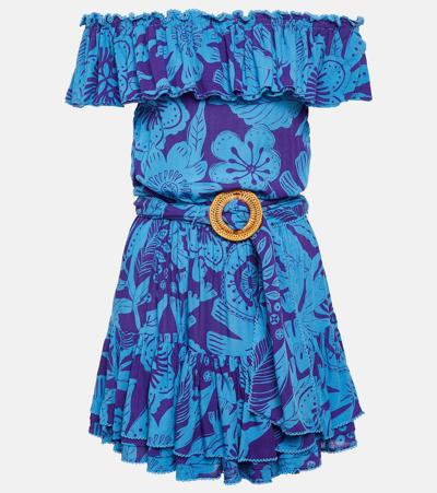 Shop Poupette St Barth Bella Printed Off-shoulder Minidress In Blue