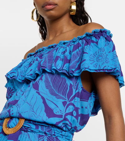 Shop Poupette St Barth Bella Printed Off-shoulder Minidress In Blue