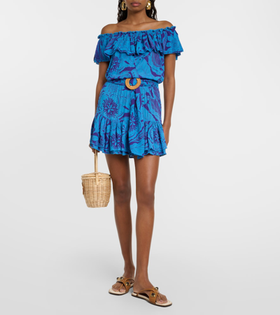 Shop Poupette St Barth Bella Printed Off-shoulder Minidress In Blue