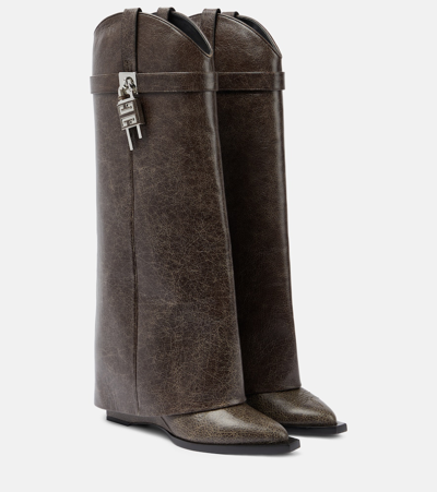 Shop Givenchy Shark Lock Leather Knee-high Boots In Brown