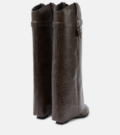 Shop Givenchy Shark Lock Leather Knee-high Boots In Brown