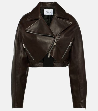 Shop Alaïa Cropped Leather Biker Jacket In Brown