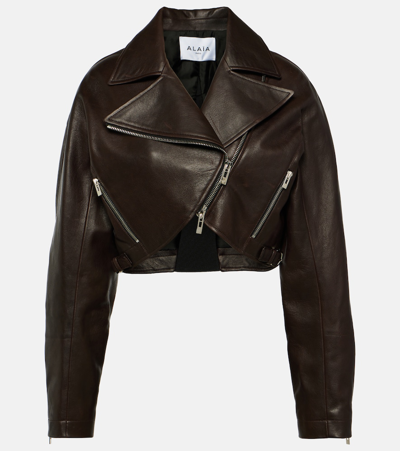Alaïa Cropped Leather Biker Jacket In Brown