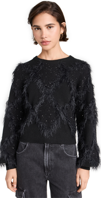 Shop Autumn Cashmere Sequin Diamond Stitch Crew Sweater With Eyelash Trim Black Combo