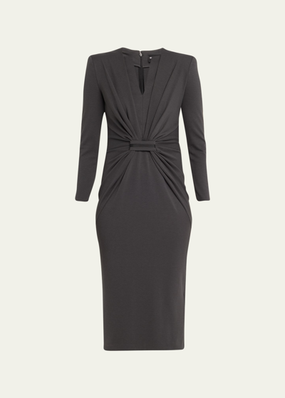 Shop Giorgio Armani Tab-front Gathered Jersey Sheath Dress In Solid Dark Grey