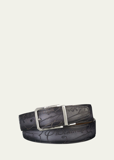 Shop Berluti Men's Reversible Scripted Leather Belt In Black/brown