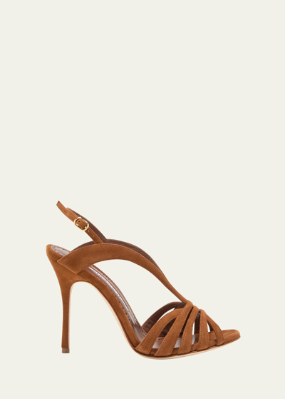 Shop Manolo Blahnik Sardina Suede Caged Slingback Sandals In Mbrw2107