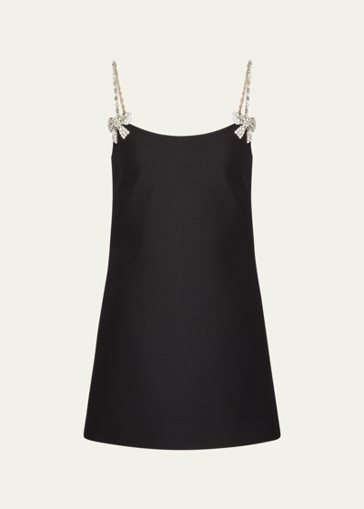 Shop Valentino Wool And Silk Crystal Bow Strap Mini Dress In Black Silver