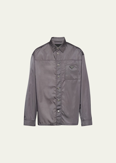 Shop Prada Men's Re-nylon Snap Shirt In Ferro