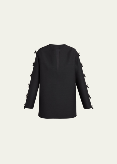 Shop Valentino Strass Bow Cutout-sleeve Long-sleeve Mini Tunic Dress In Black Silver